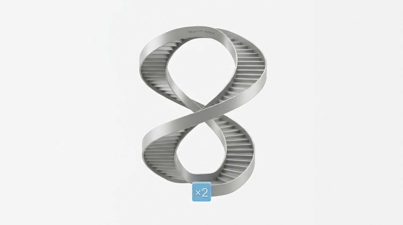 Endlos-Treppe in Form einer Acht auf hellem Hintergrund mit „×2“-Button und Schrift