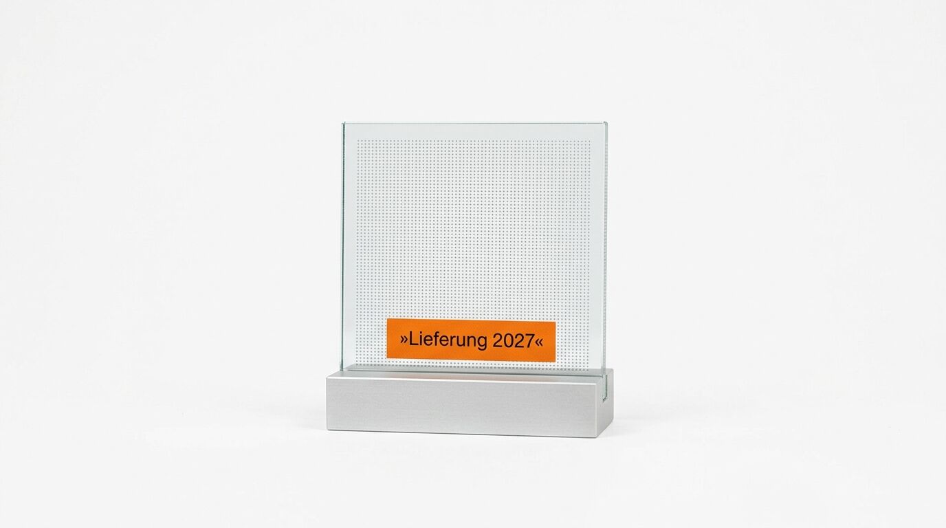 Glas-Acryl-Award auf Metallsockel mit Text »Lieferung 2027«