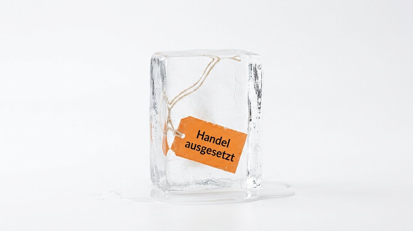 Eisblock mit Anhänger und Aufschrift „Handel ausgesetzt“