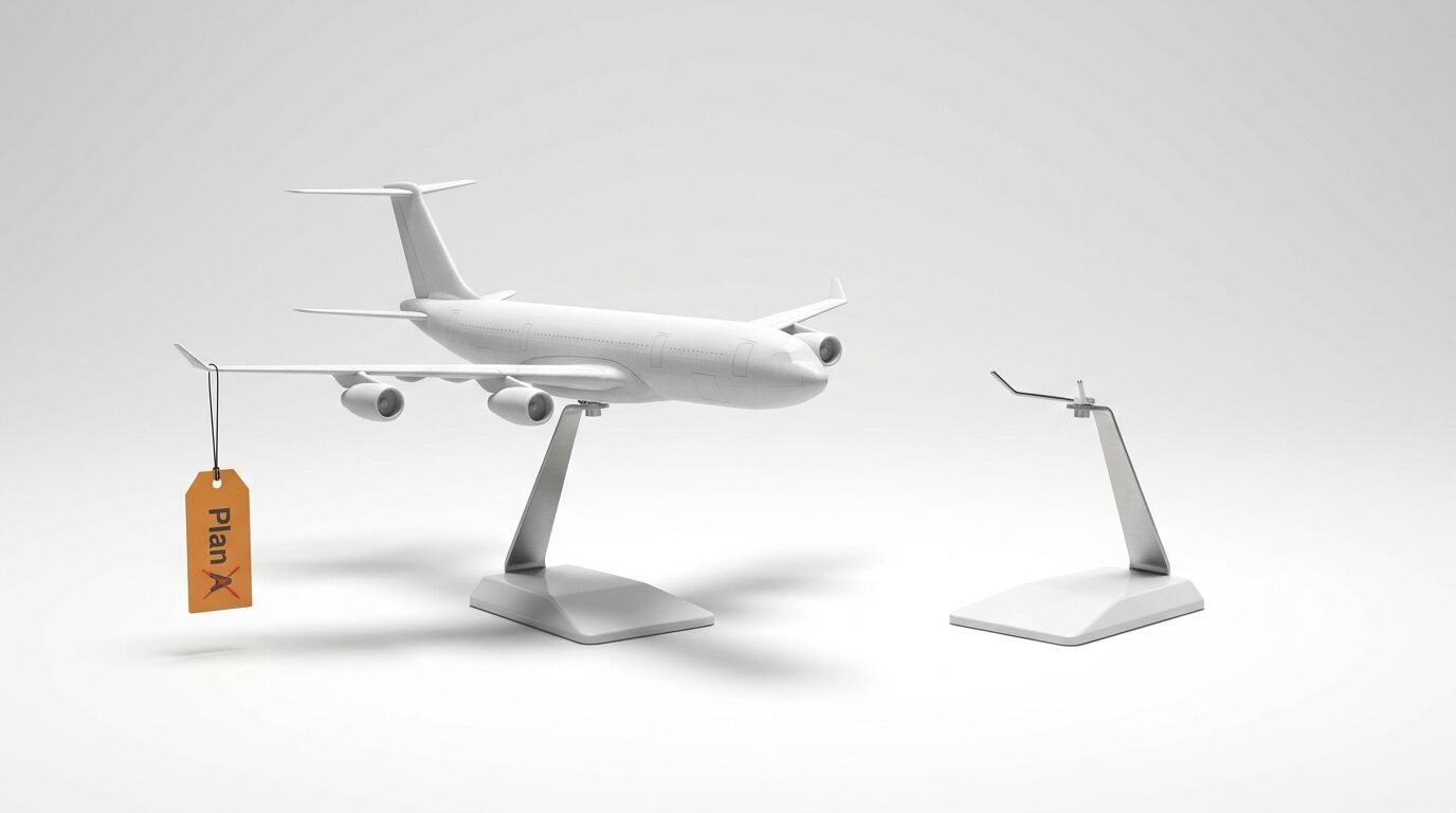 Flugzeugmodell auf Ständer, Anhänger „Plan X“ links, leerer Ständer rechts