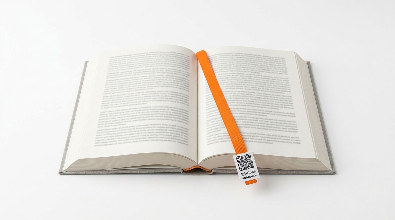 Ein offenes Buch mit einem orangefarbenen Lesezeichen und einem QR-Code