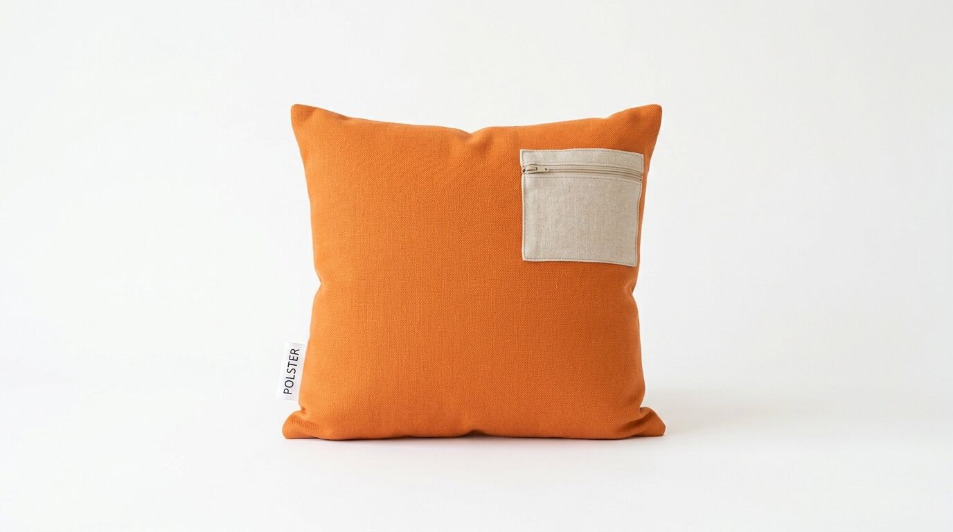 Orangefarbenes Kissen mit beiger Reißverschlusstasche und weißem Textiletikett