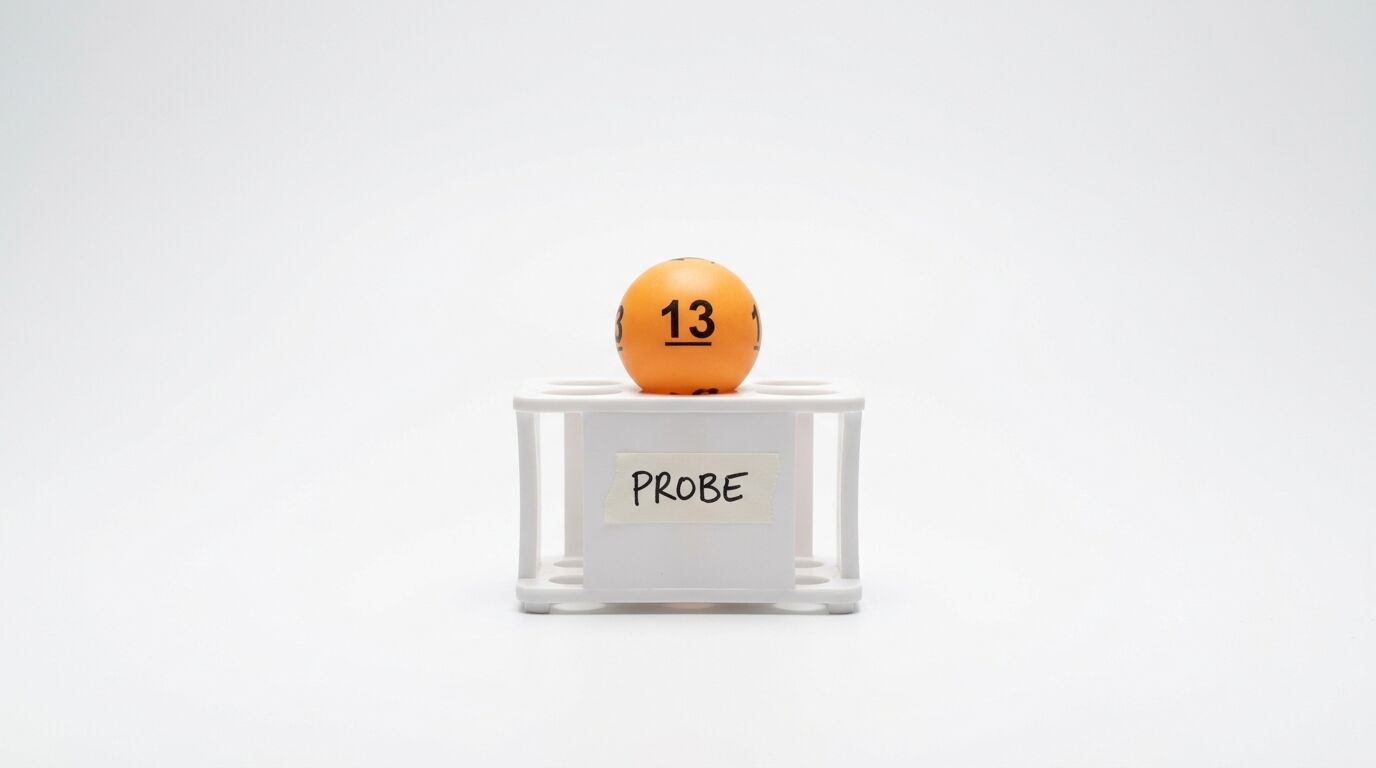 Ein oranger Ball mit der Nummer 13 auf einem weißen Ständer mit der Aufschrift „PROBE“