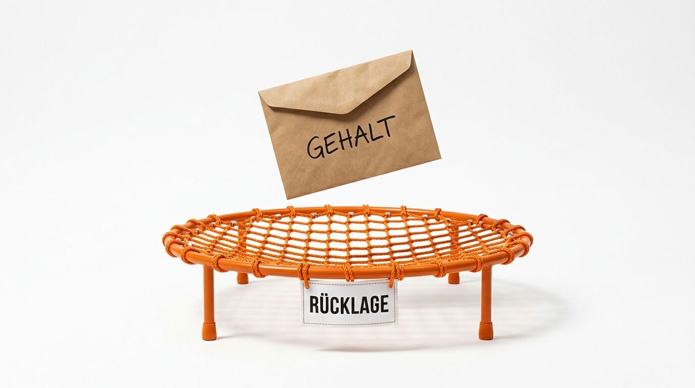 Briefumschlag mit „GEHALT“ über kleinem Trampolin mit Schild „RÜCKLAGE“ auf Weiß