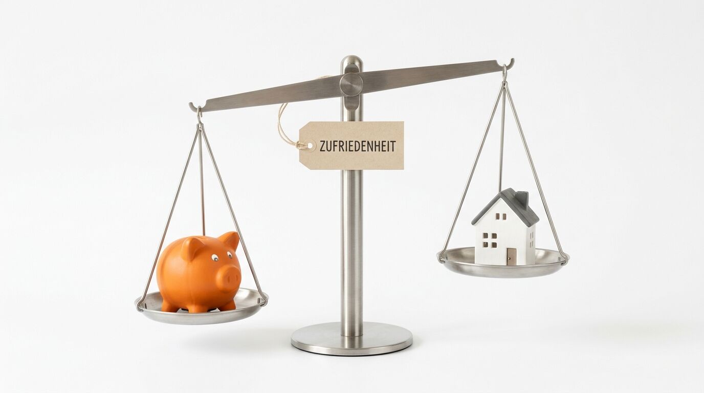 Waage mit Sparschwein, Haus, Etikett „ZUFRIEDENHEIT“ in Waagschale