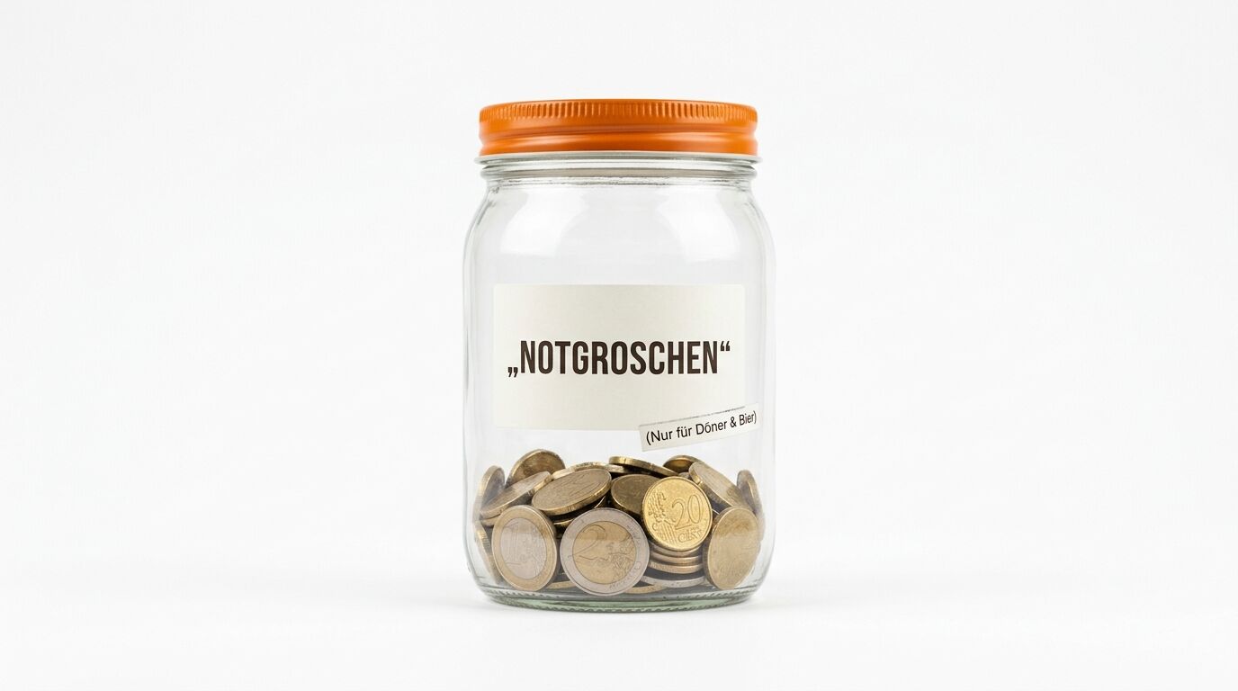 Glas mit orangefarbenem Deckel, darin Euro-Münzen. Label: „NOTGROSCHEN“ (Nur für Döner & Bier)