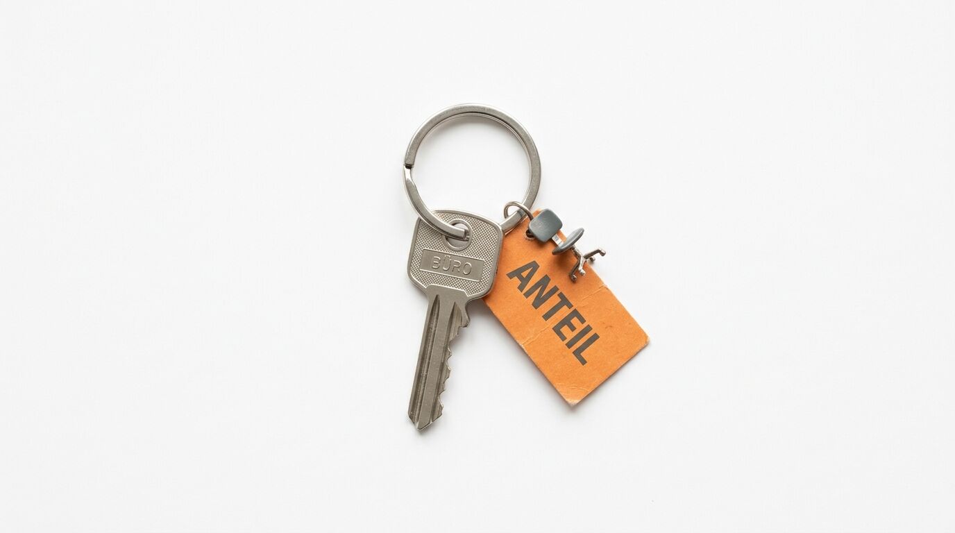 Schlüssel mit Prägung „BÜRO“ und orangefarbener Anhänger „ANTEIL“ am Ring auf weißem Grund