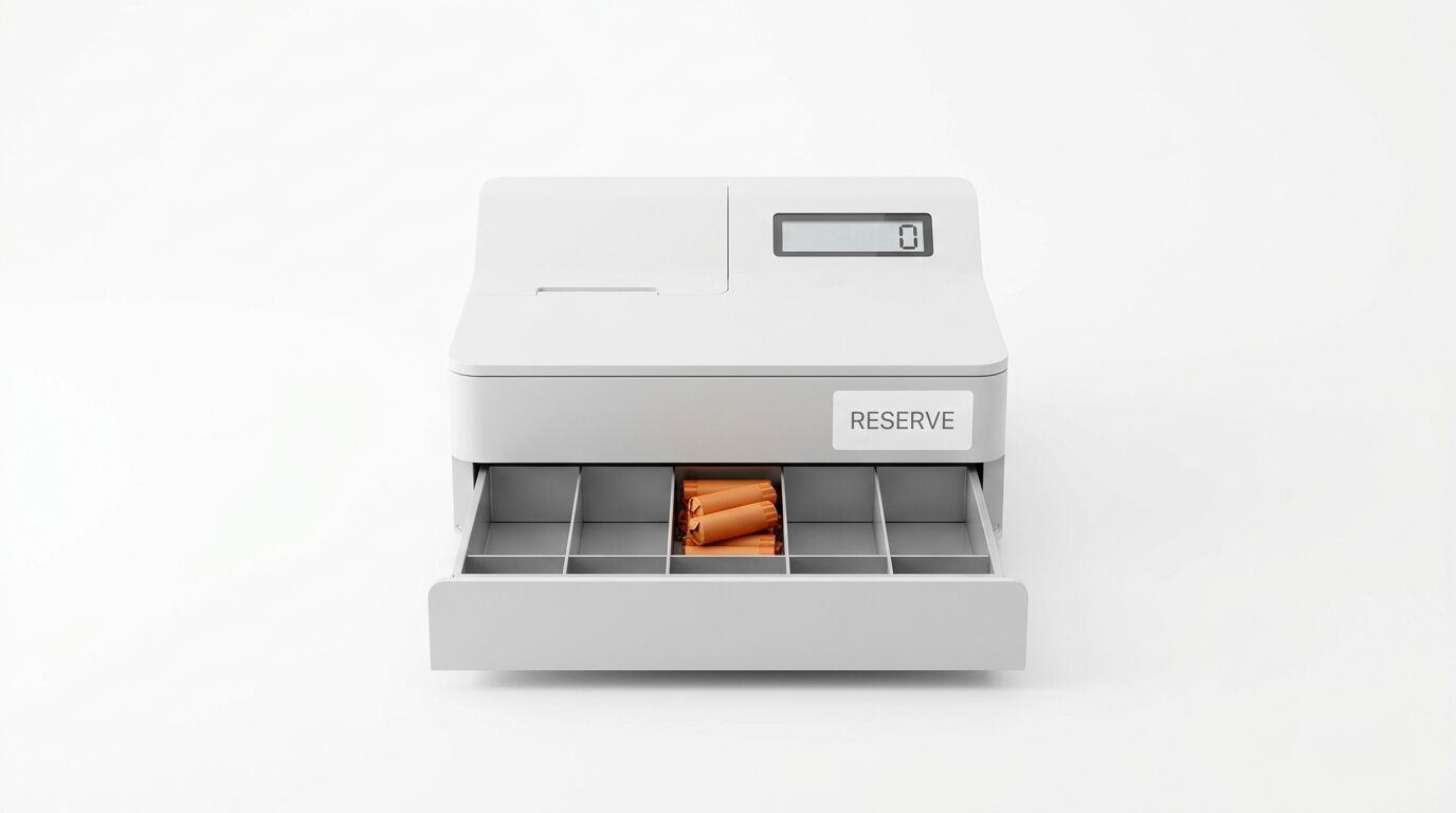 Weiße Registrierkasse mit geöffneter Schublade, Reserve-Aufkleber und Münzrollen
