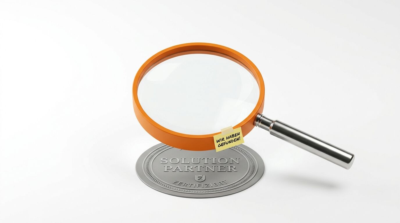 Lupe mit orangem Rahmen auf silberner Medaille "Solution Partner Zertifiziert" mit gelbem Etikett