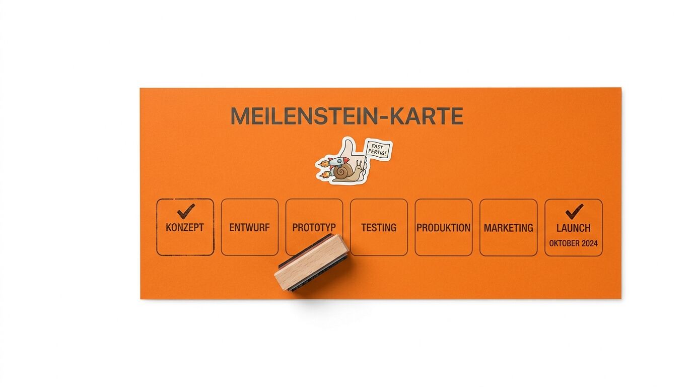 Meilenstein-Karte für ein Projekt mit Phasen von Konzept bis Launch im Oktober 2024, mit Stempel