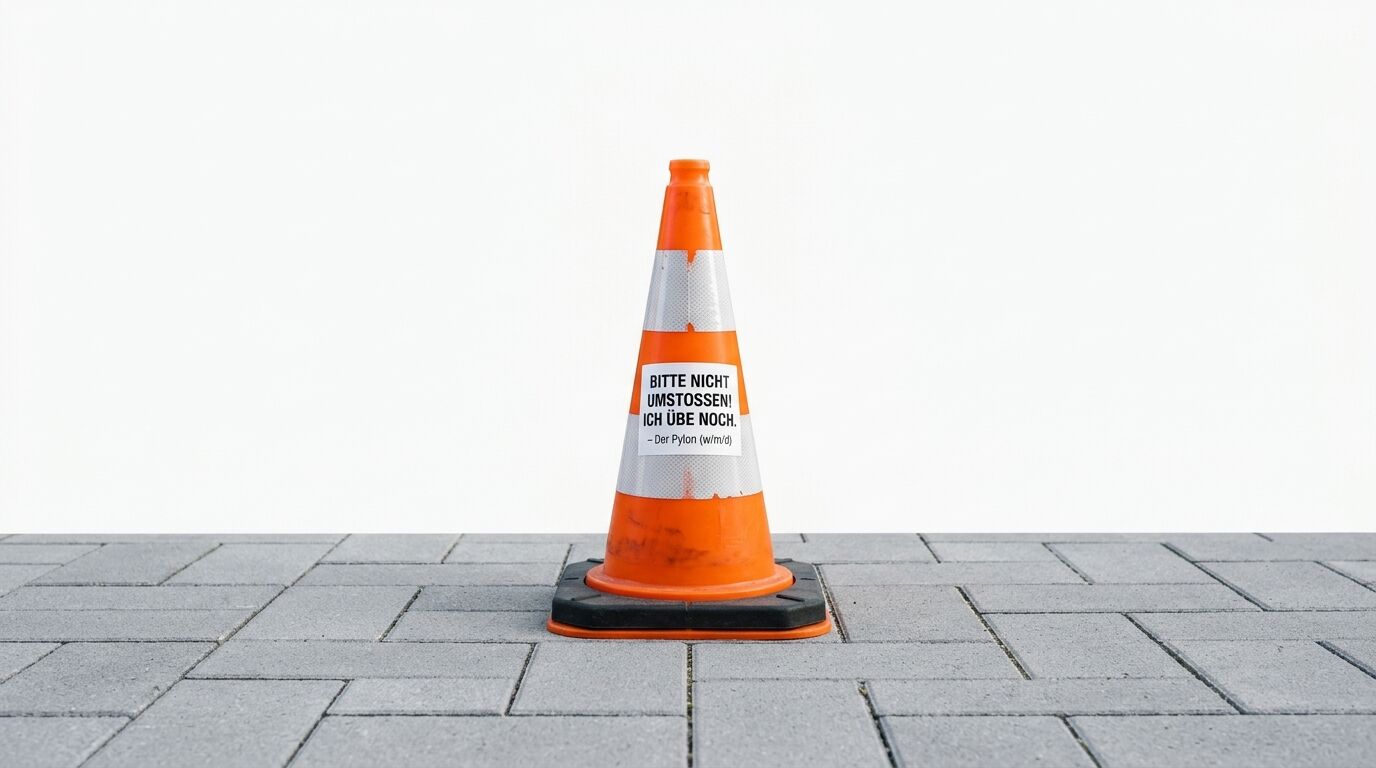 Ein orangeweißer Verkehrskegel auf Pflastersteinen mit einem Schild, das eine humorvolle deutsche Nachricht trägt