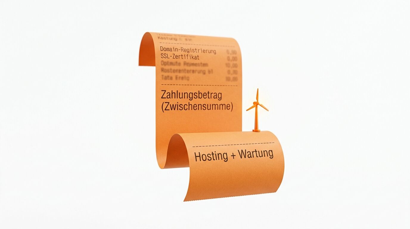 Orangene Rollen zeigen Leistungen: Domain-Registrierung, SSL-Zertifikat, Zahlungsbetrag und Hosting + Wartung mit Windkraftanlage