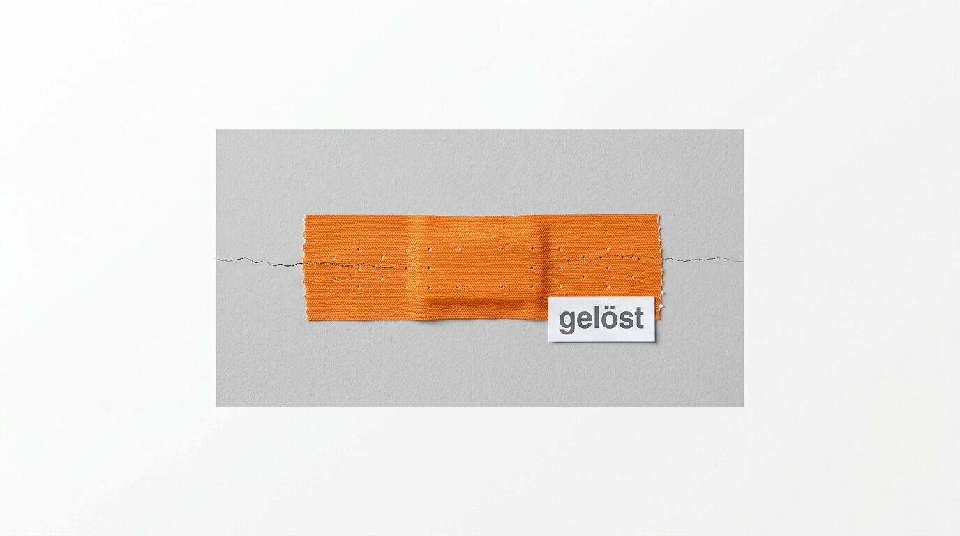Oranges Textilband mit Label "gelöst" auf grauem Hintergrund mit durchgehender Linie