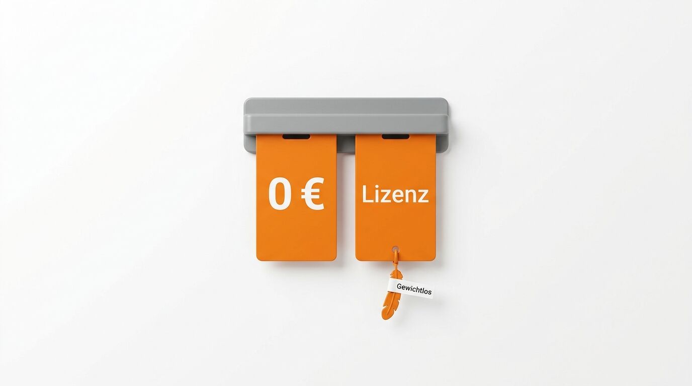 Graues Kabelorganizer-Gerät mit zwei orangefarbenen Etiketten, beschriftet mit "0 €" und "Lizenz" sowie einem Gewichtlos-Tag