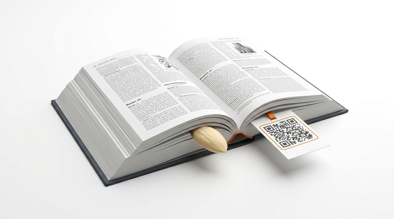Ein aufgeschlagenes Buch mit Mandel und QR-Code-Lesezeichen auf weißem Grund