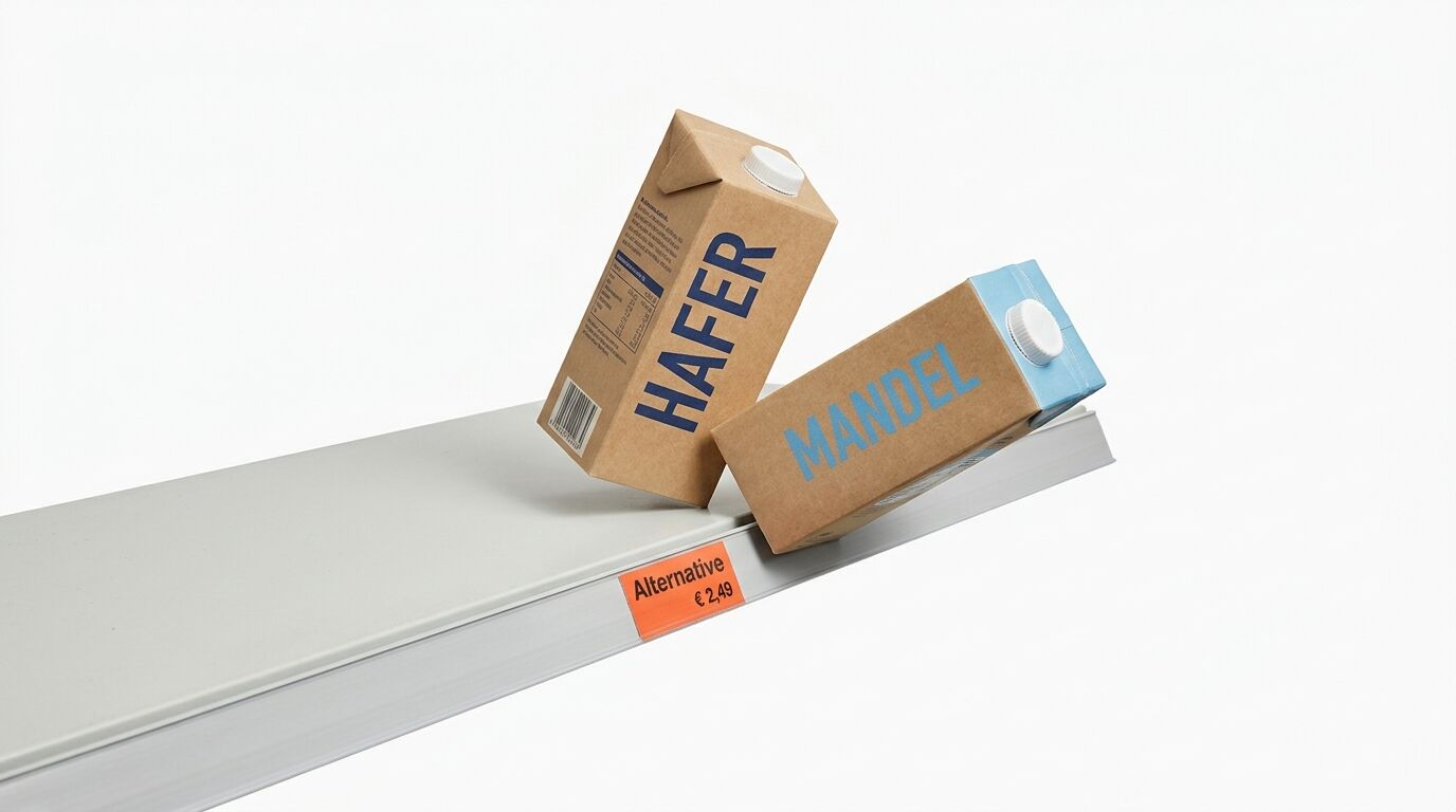 Zwei kippende Getränkekartons (Hafer und Mandel) auf einem weißen Verkaufsregal mit Preisschild