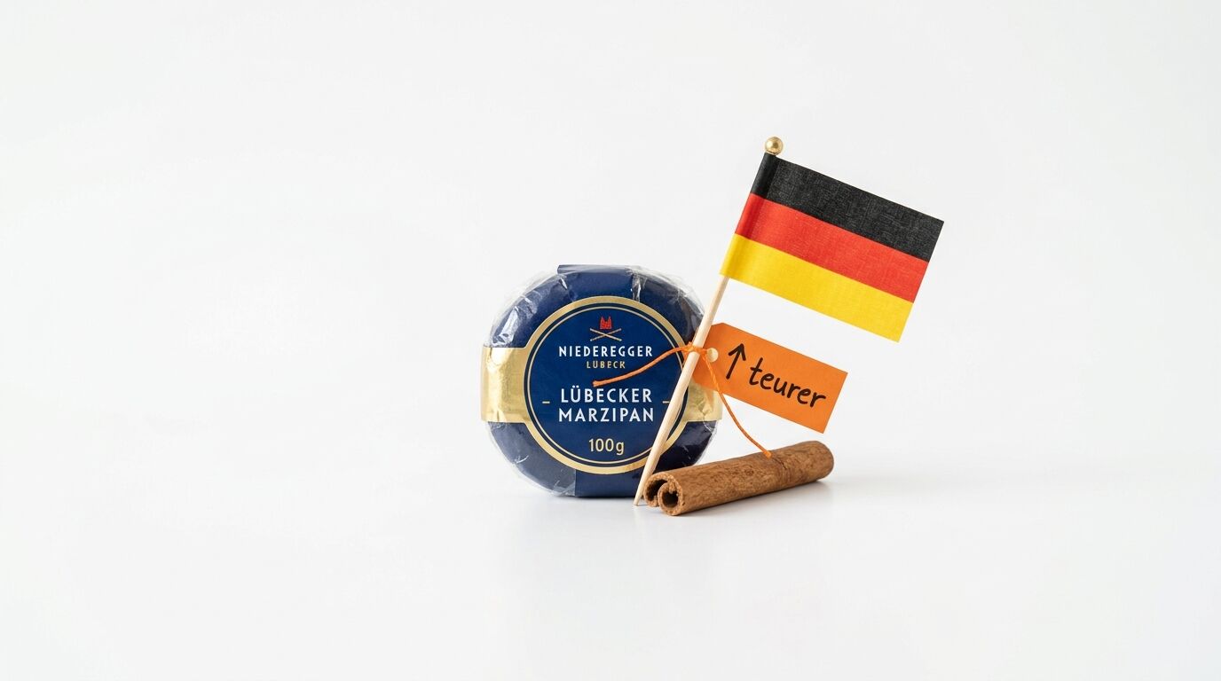 Marzipan, Deutschlandfahne, Zimtstange und ein Schild mit der Aufschrift 'teurer' auf Weiß