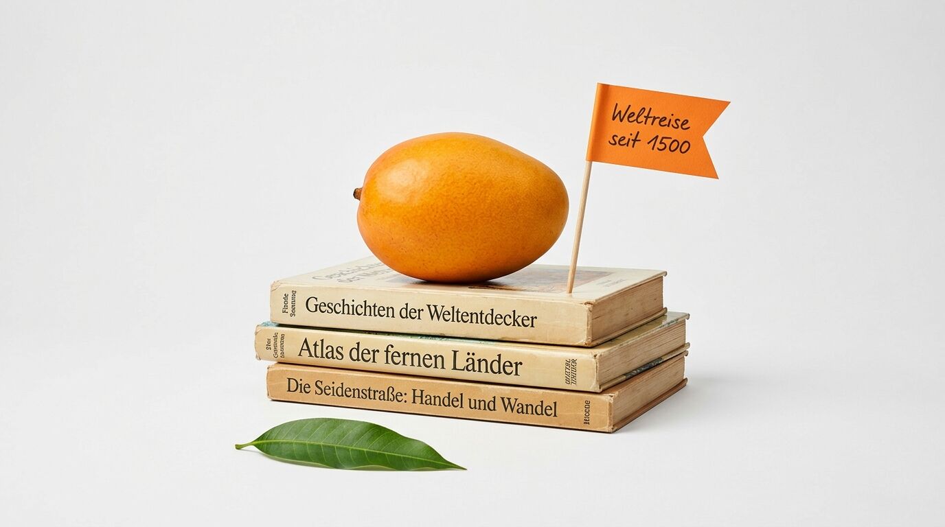 Eine Mango liegt auf drei Büchern vor einem Wimpel mit der Aufschrift „Weltreise seit 1500“