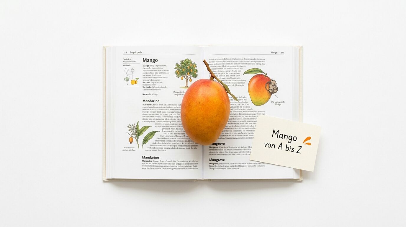 Buch mit Mangoinfos, Frucht und Notizzettel „Mango von A bis Z“