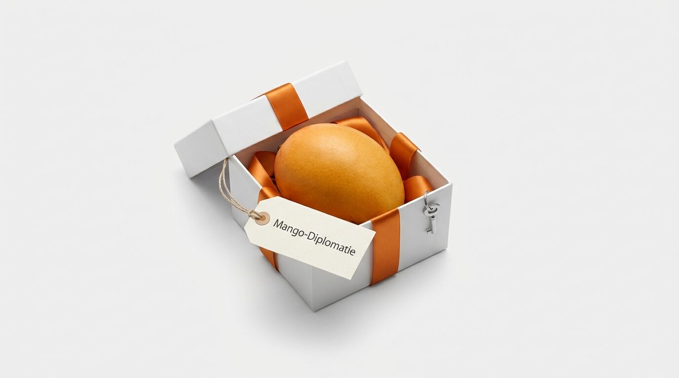 Geöffnete weiße Box mit Mango, orangefarbenem Band, Anhänger