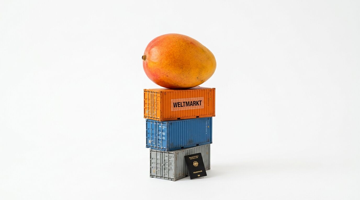 Gestapelte Spielzeugcontainer mit Mango oben, Reisepass unten, weißer Hintergrund