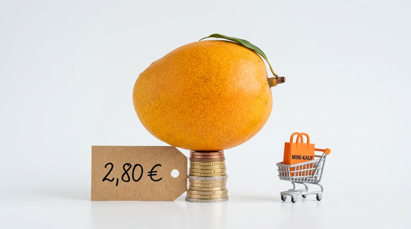 Mango auf Münzstapel mit Preisschild und Einkaufswagen