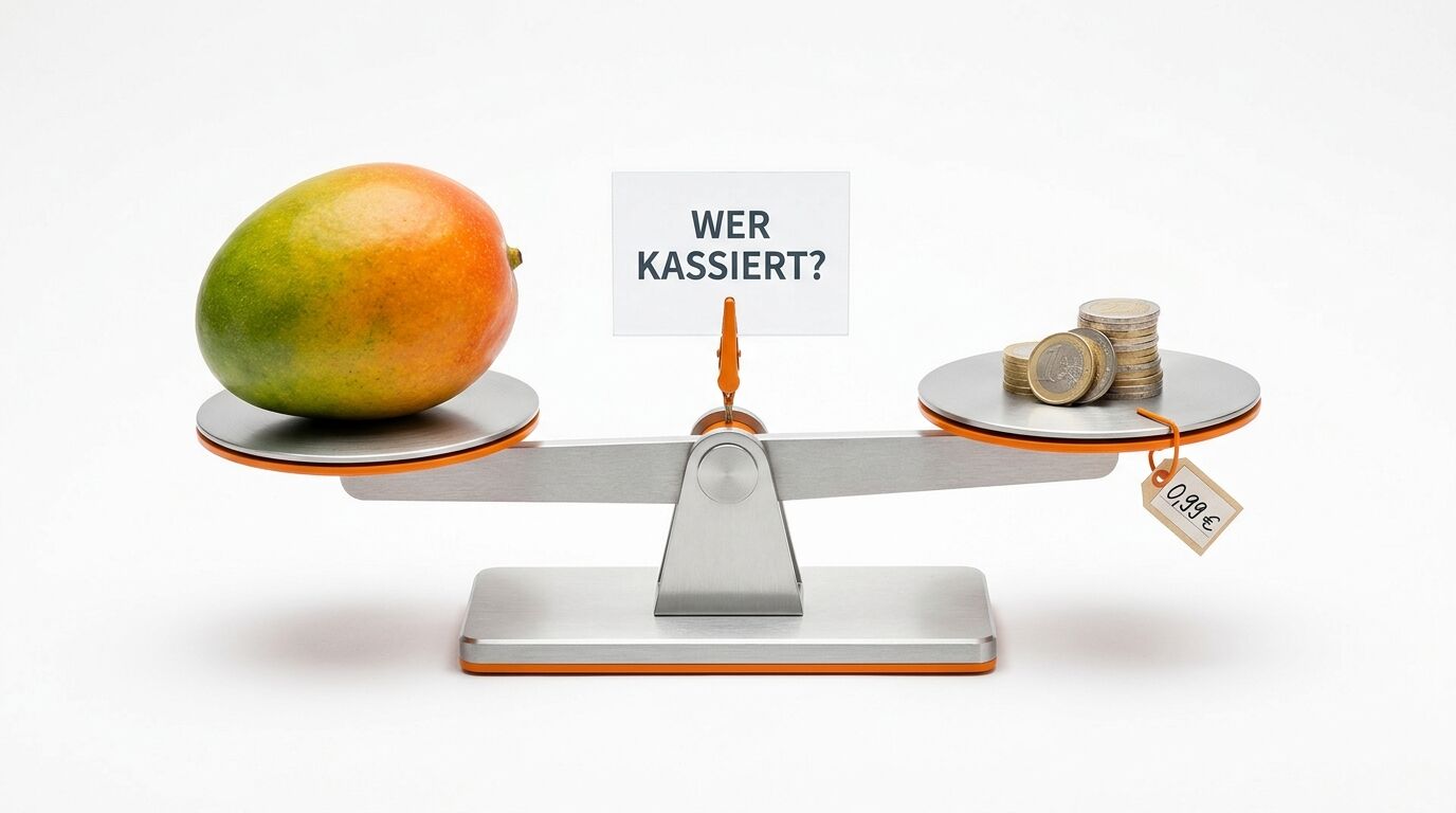 Eine Waage im Gleichgewicht mit Mango, Münzen und einem Schild „WER KASSIERT?“, weißer Hintergrund