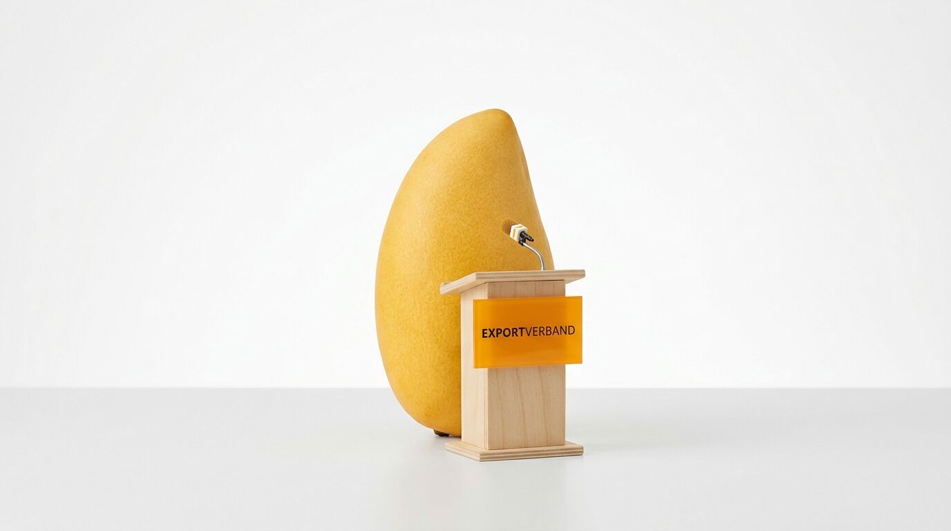 Mango hinter Rednerpult mit Mikrofon und Schild