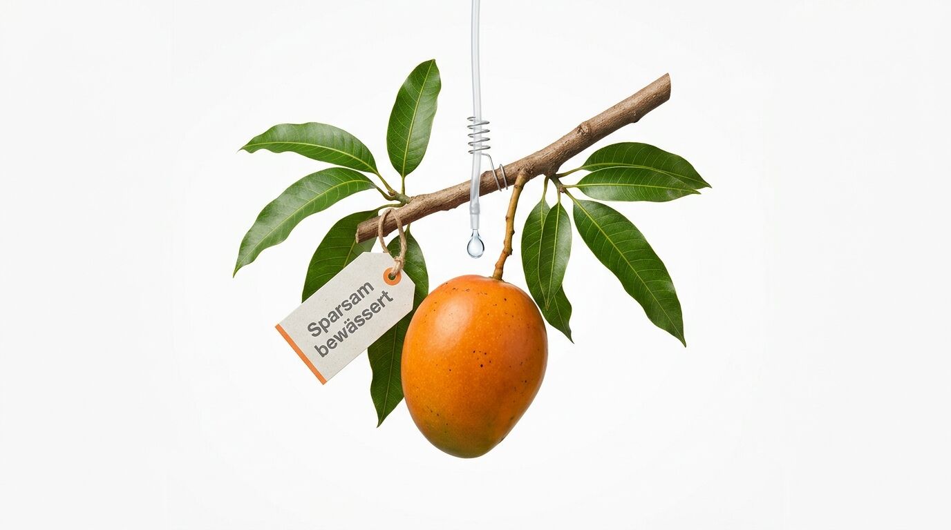 Mangozweig mit Frucht, Tröpfchenbewässerung und Etikett „Sparsam bewässert“