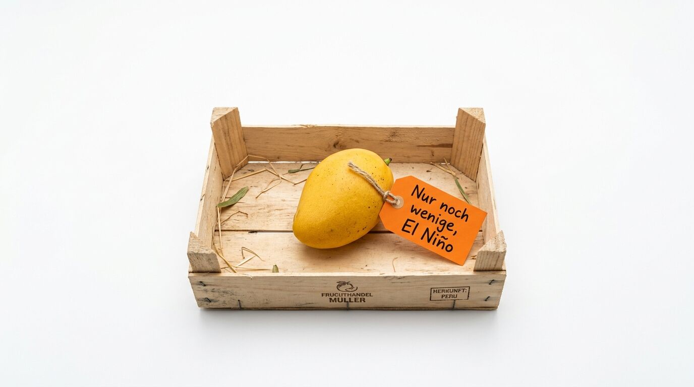 Holzkiste mit Mango und orangefarbenem Anhänger. Beschriftung: