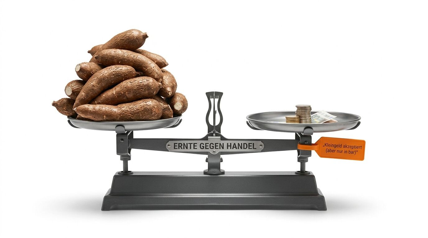 Eine Waage mit Maniokwurzeln links und Münzen rechts auf weißem Hintergrund
