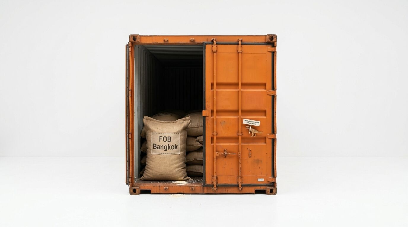 Oranger Container mit offenen Türen, befüllt mit Säcken, beschriftet mit „FOB Bangkok“