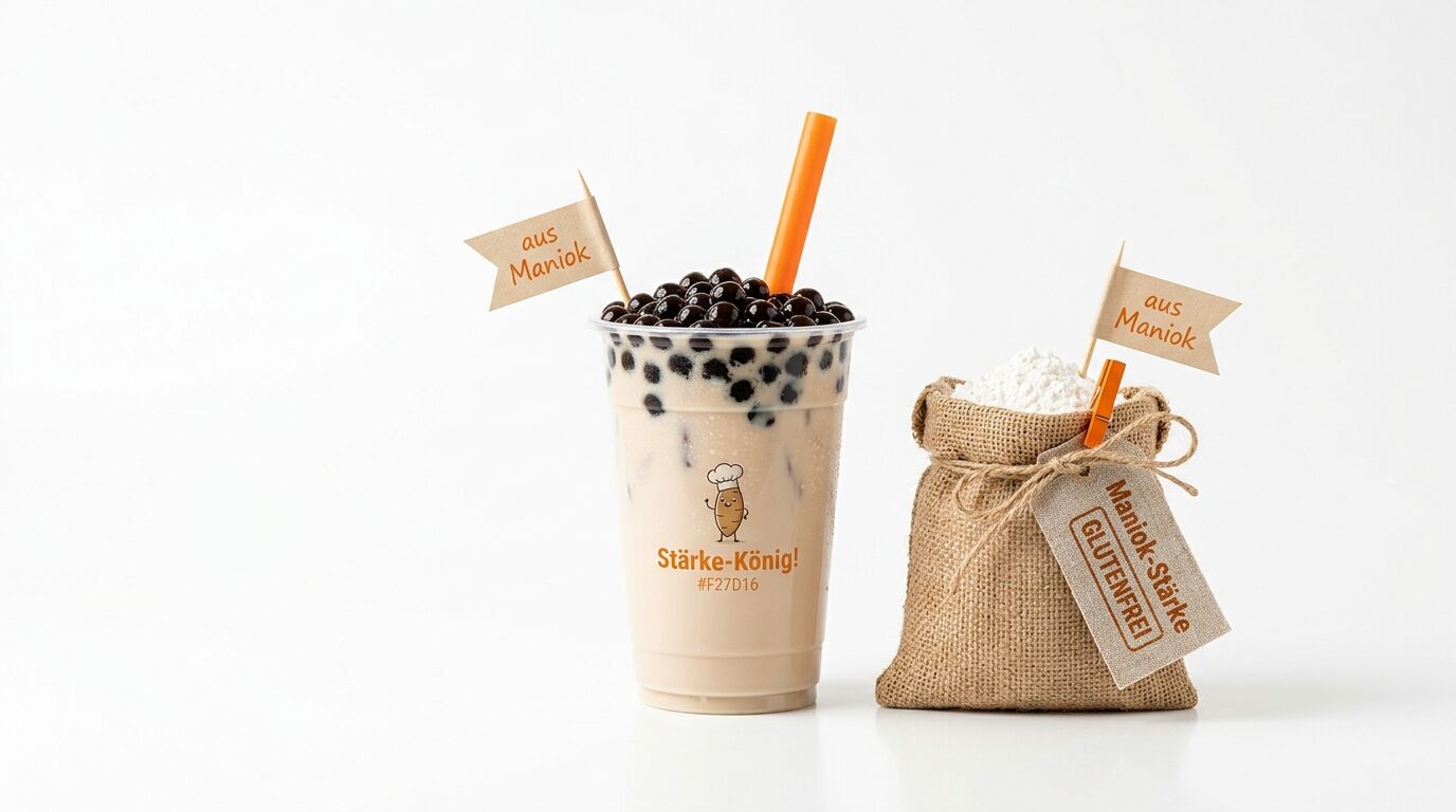 Bubble Tea und Jutesack mit glutenfreier Maniok-Stärke, beide mit Fähnchen „aus Maniok“