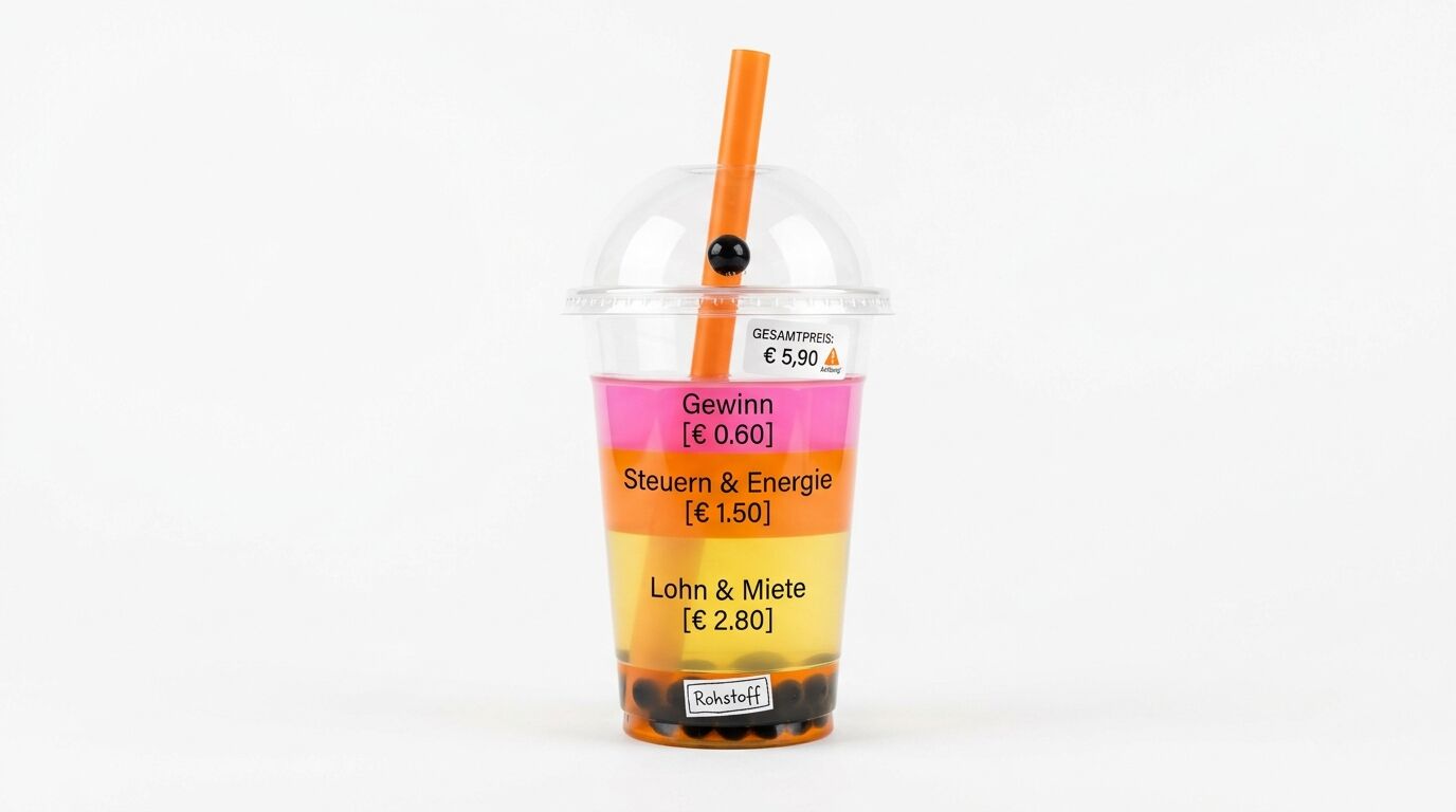 Bubble-Tea-Becher, geschichtet nach Kostenpunkten wie Gewinn, Steuern, Lohn, Rohstoffen
