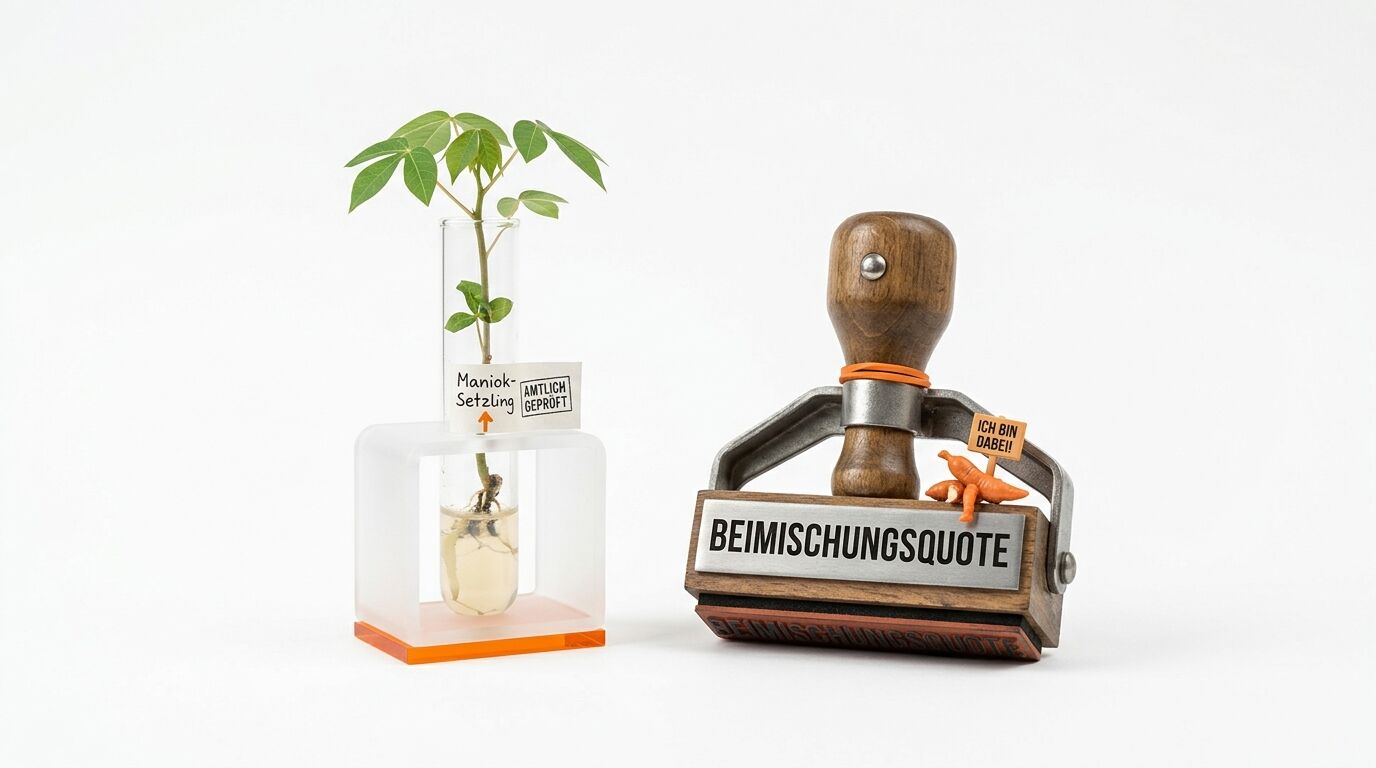 Pflanze im Reagenzglas neben Stempel mit Text „BEIMISCHUNGSQUOTE“ auf weißem Hintergrund