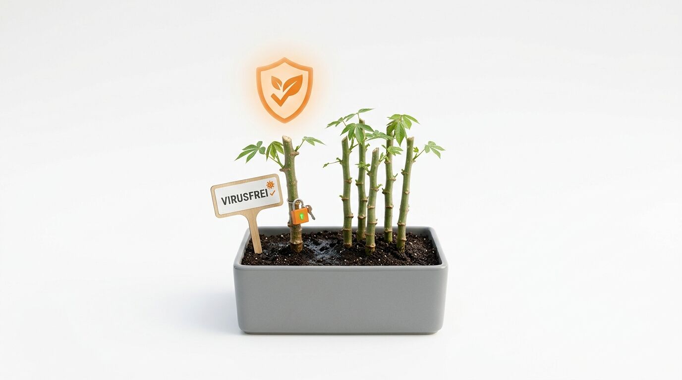 Pflanzen im Topf mit „Virusfrei“-Schild und Schutzschild-Grafik auf weißem Hintergrund