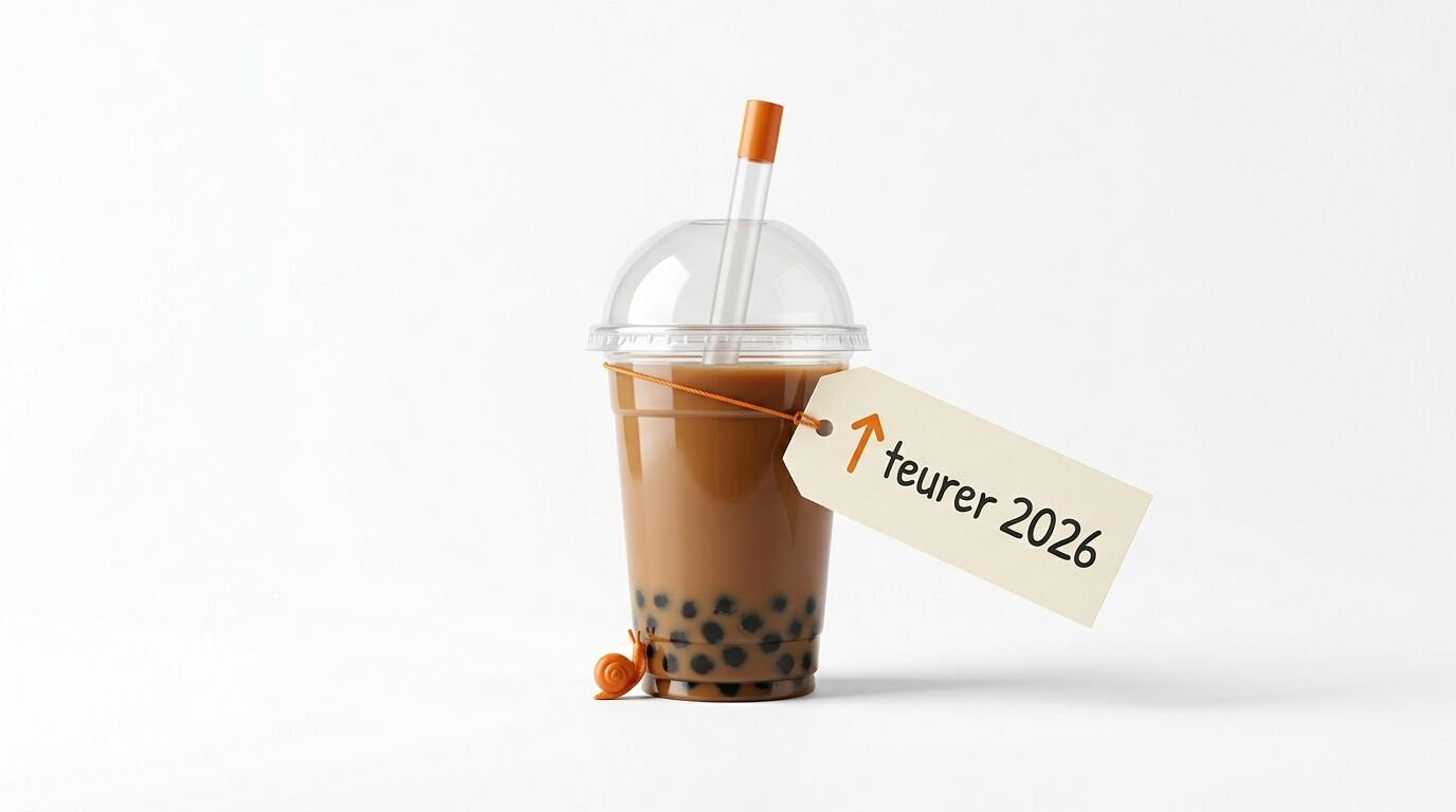 Bubble Tea im Plastikbecher mit Schild