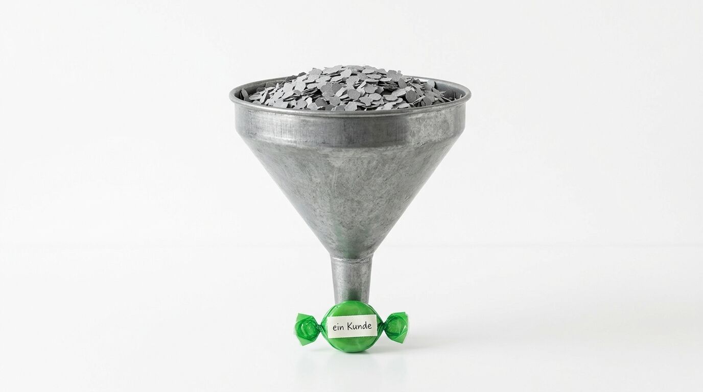 Metallischer Trichter gefüllt mit grauen Metallplättchen, gestützt auf grüner Bonbon-förmiger Basis mit "ein kunde" Aufschrift