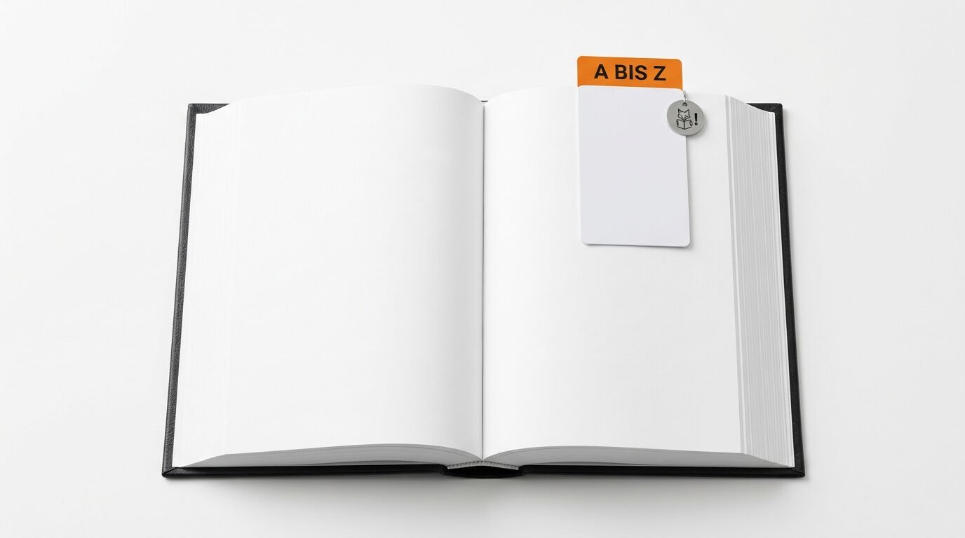 Ein offenes Buch mit leeren weißen Seiten und einem Lesezeichen mit orangefarbenem Reiter und Text