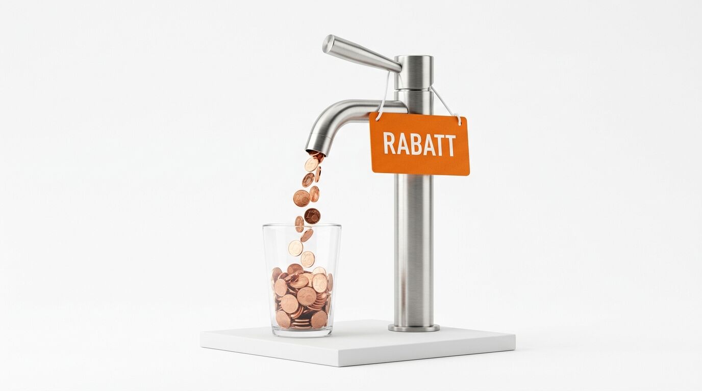 Münzen fallen aus einem Wasserhahn mit einem „Rabatt“-Schild in ein Glas