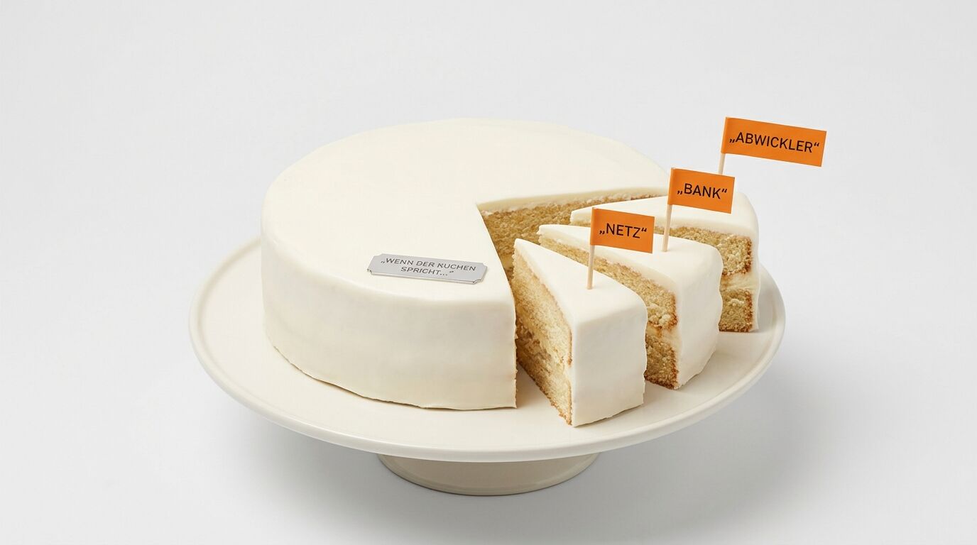 Kuchen auf Platte mit orangefarbenen Fähnchen „NETZ“, „BANK“, „ABWICKLER“ und Spruchplakette