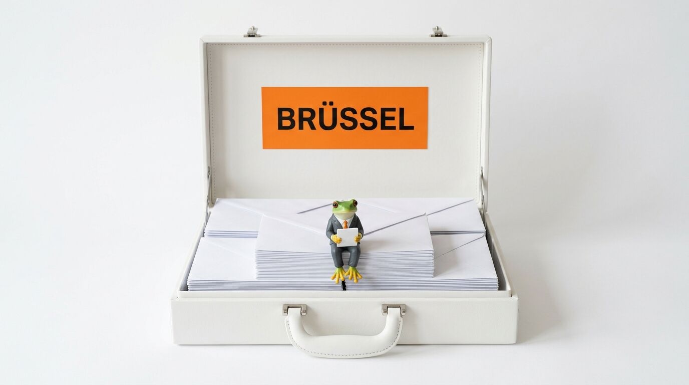 Offener weißer Koffer mit Briefumschlägen, Froschfigur und Schild „BRÜSSEL“ im Deckel