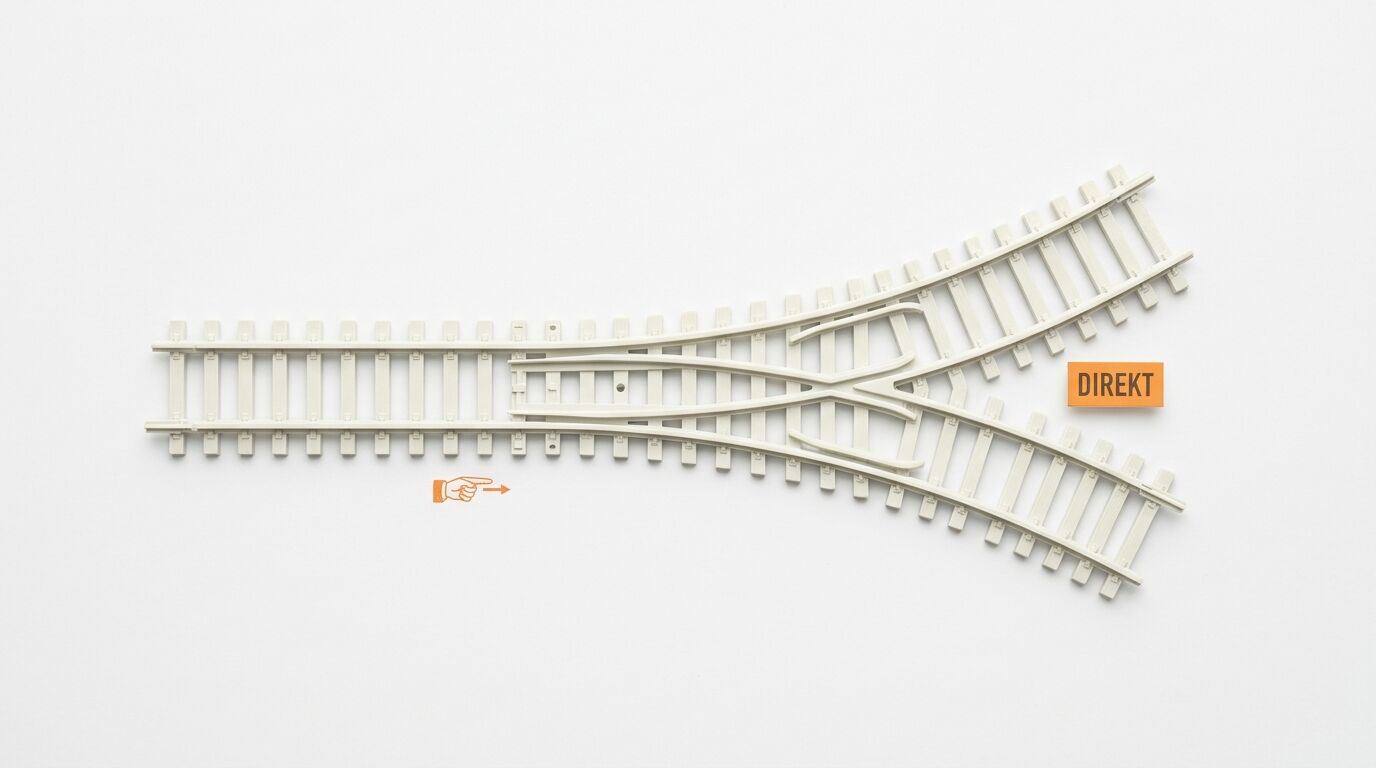 Modelleisenbahnweiche mit weißem Unterbau auf weißem Grund. Oben rechts ein oranges Feld mit der Aufschrift „DIREKT“. Unten links ein rotes Symbol einer zeigenden Hand mit Pfeil