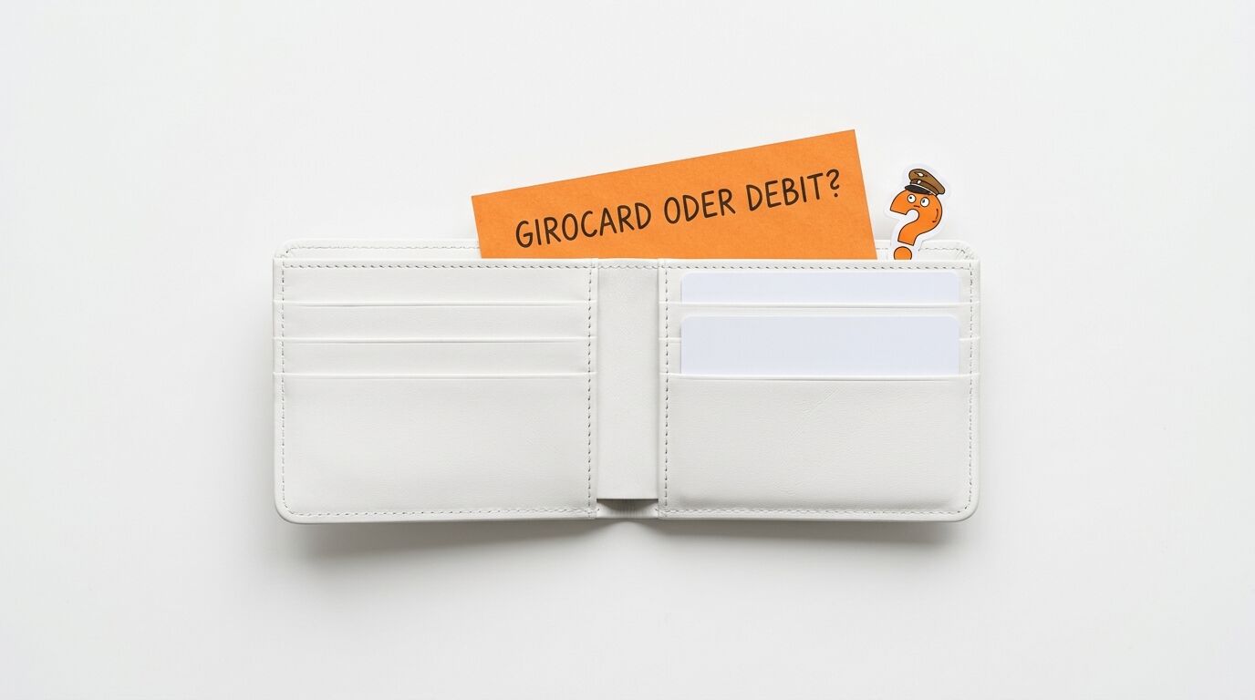 Weißes Portemonnaie mit Frage auf orangefarbenem Zettel: GIROCARD ODER DEBIT?