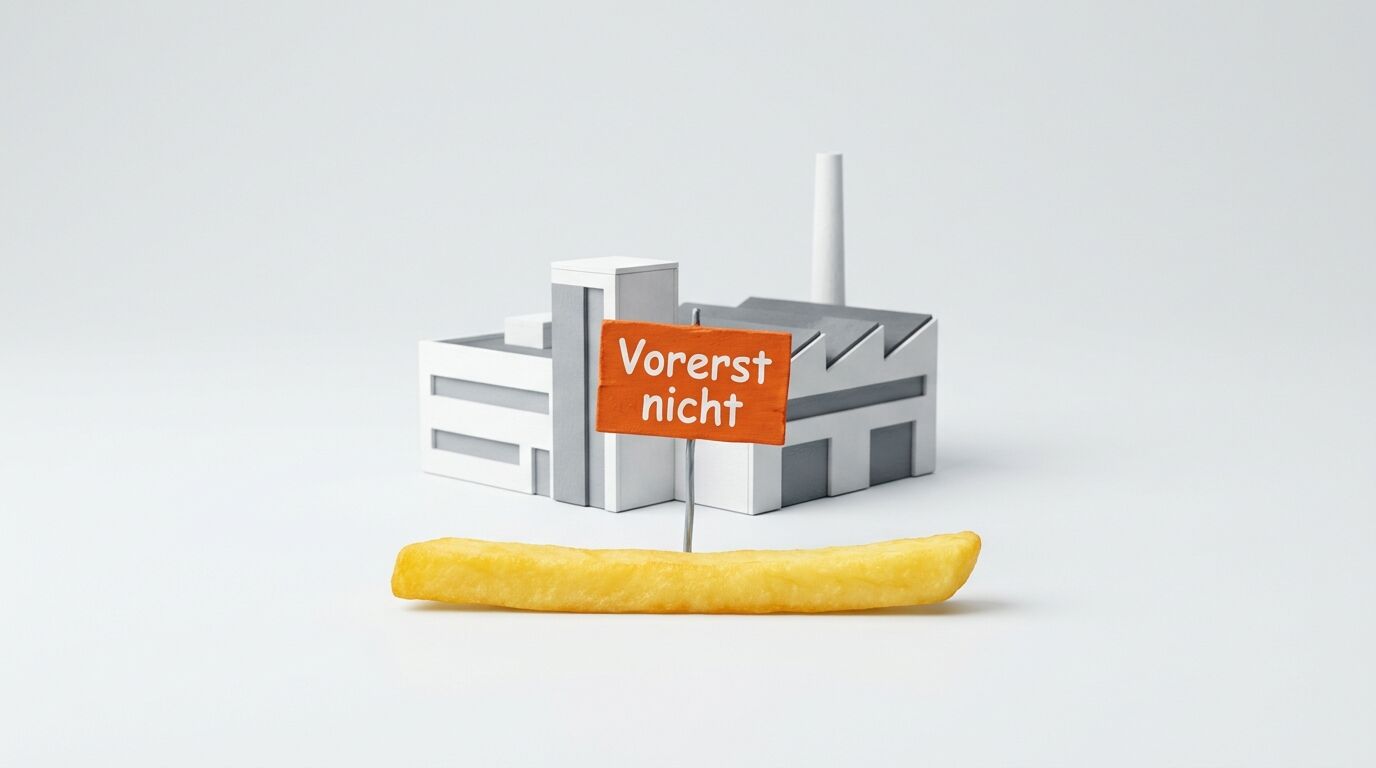 Ein Pommes-Frites vor einem Fabrik-Modell mit einem orangefarbenen Schild