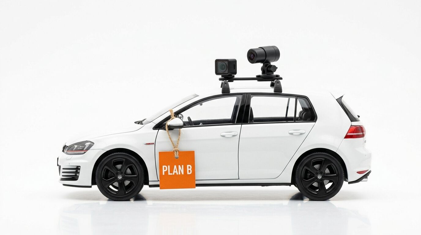 VW Golf Modellauto, weiß, mit Dachträger, Kameras und Schild „PLAN B“