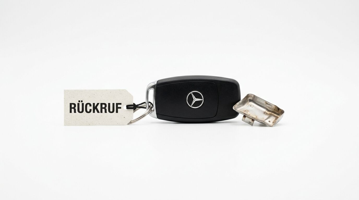 Autoschlüssel mit Mercedes-Logo und Anhänger „RÜCKRUF“