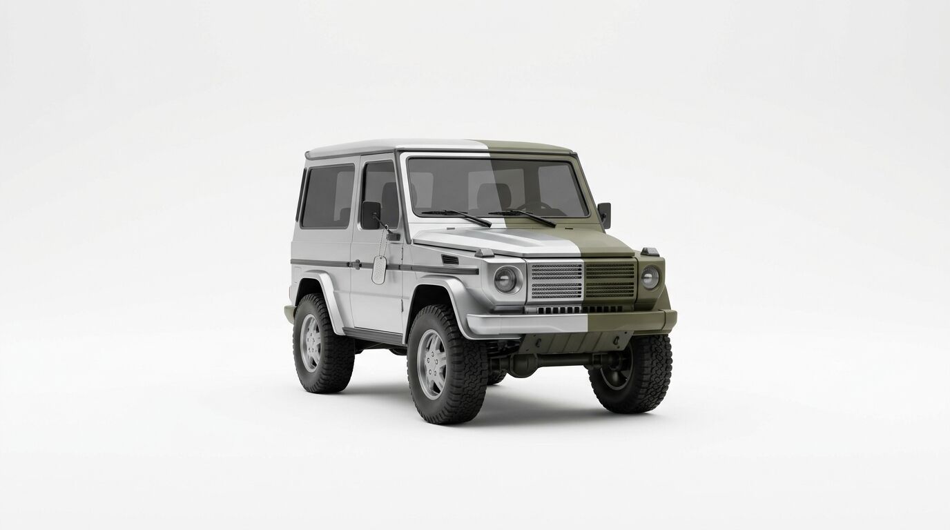 Ein Geländewagen, halb silber-metalle, halb olivgrün geteilt, vor weißem Hintergrund
