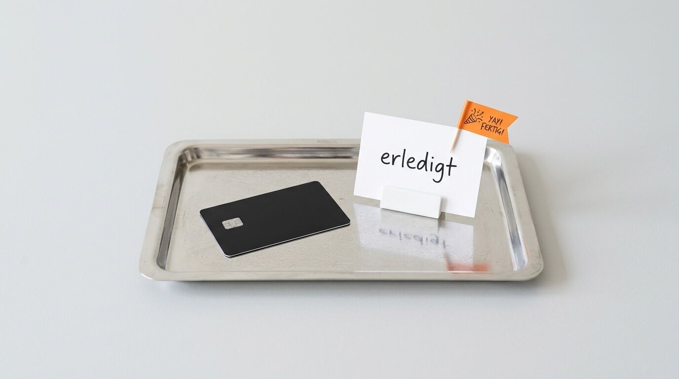 Silbertablett mit Karte, einem Aufsteller, auf dem „erledigt“ steht und einem Fähnchen