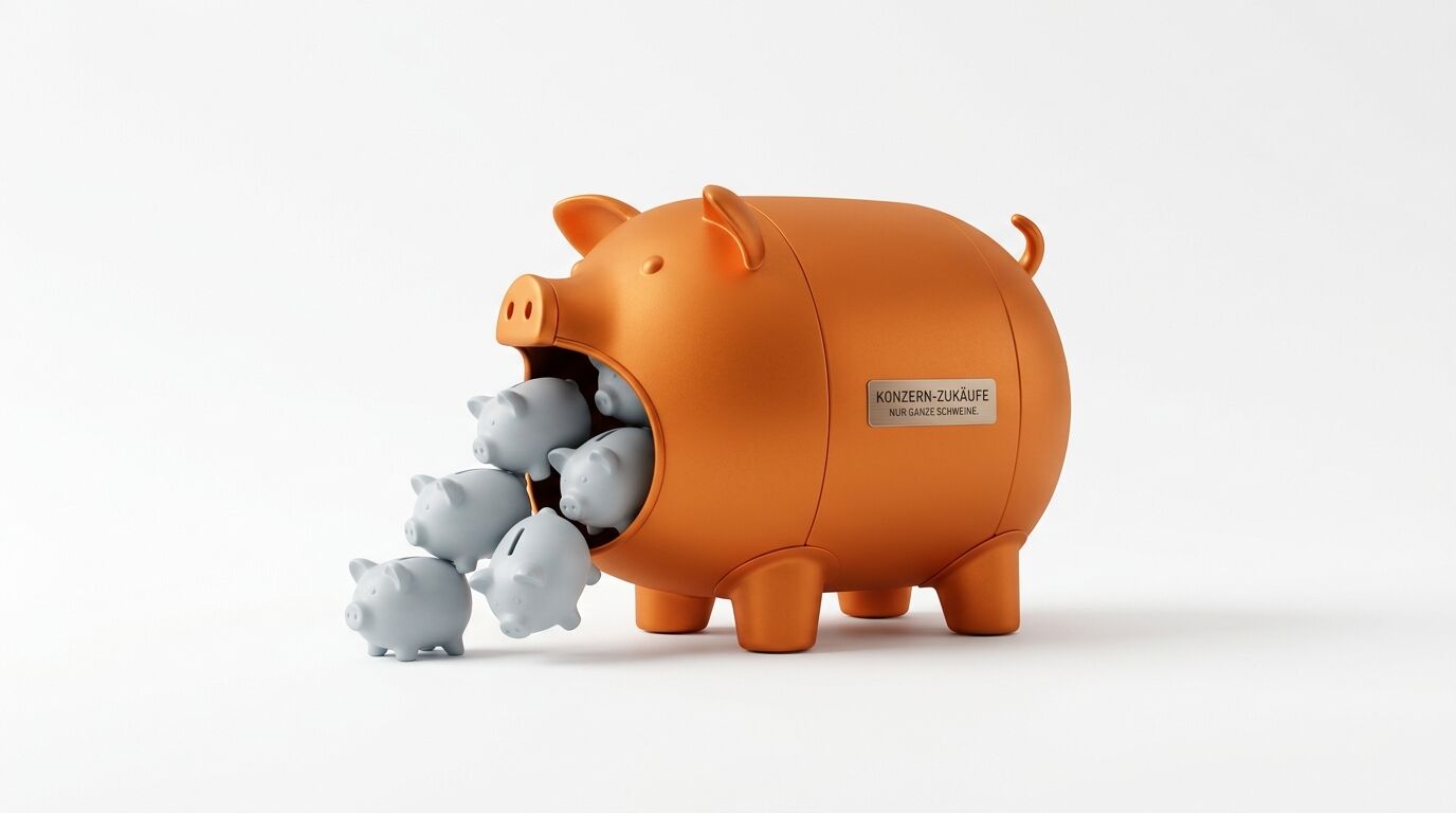 Großes orangefarbenes Sparschwein mit kleinen grauen Sparschweinen, die aus dem Mund kommen